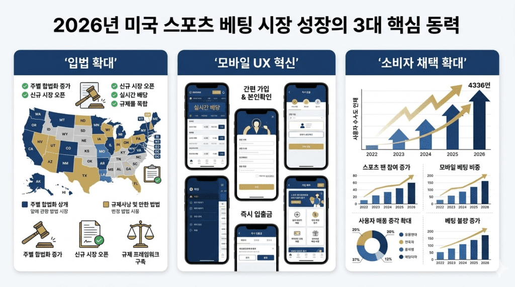 입법 확대, 모바일 UX 혁신, 소비자 채택 확대를 3개 패널로 나눠 정리한 2026년 미국 스포츠 베팅 시장 성장 요인 인포그래픽